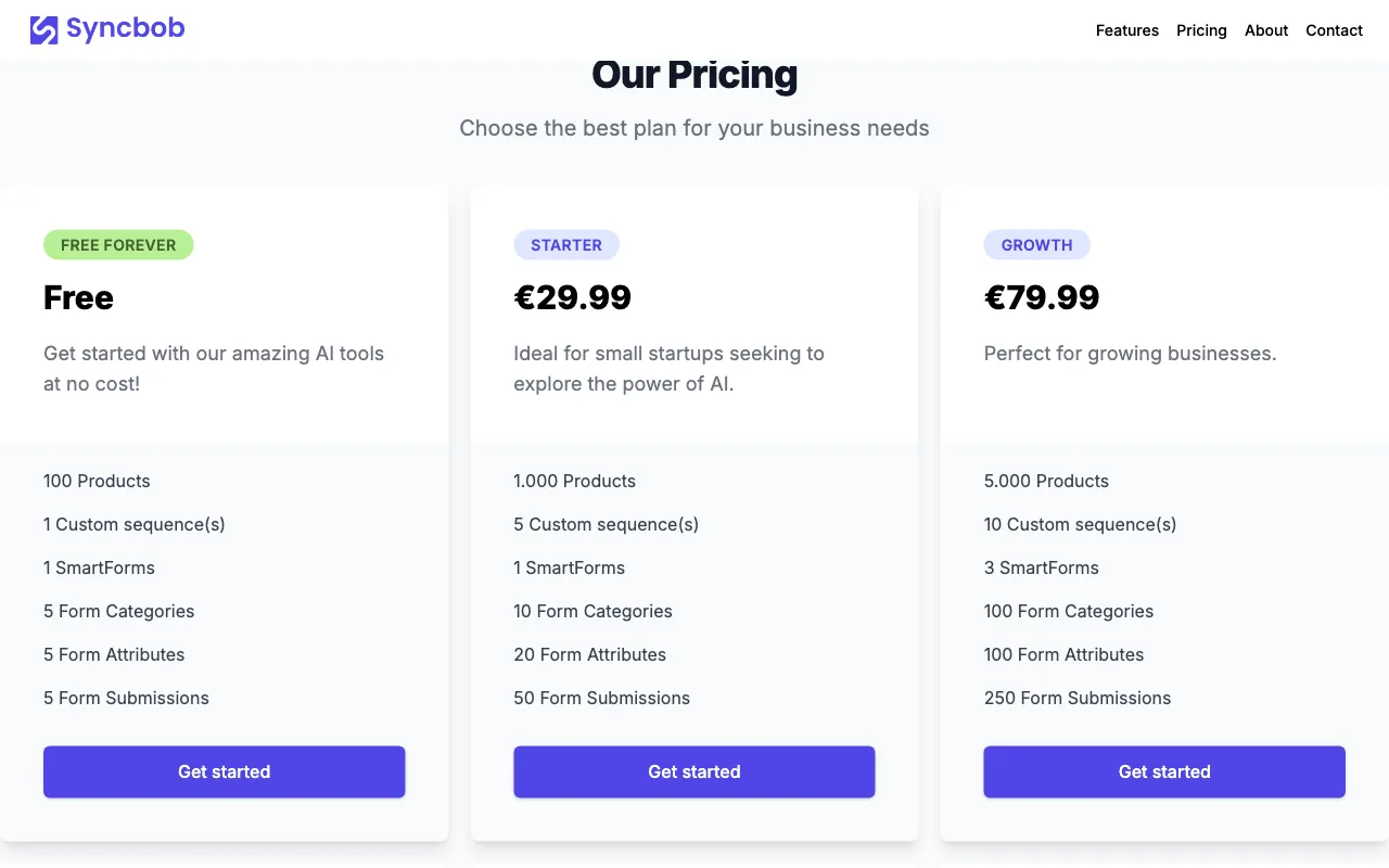 SyncBob — pricing page