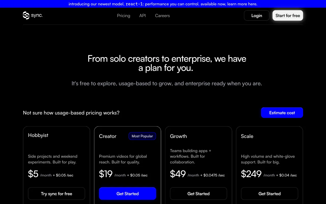 Sync Labs — pricing page
