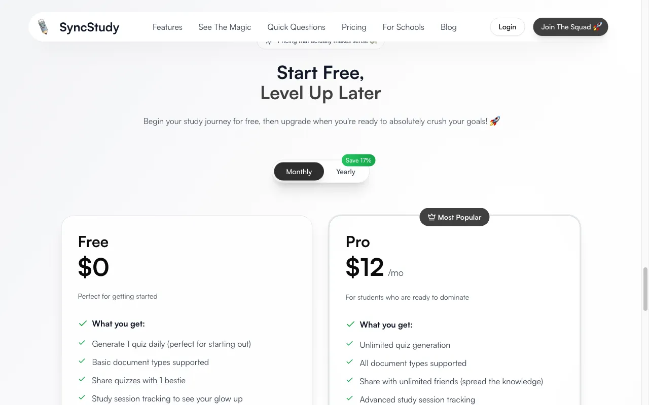 SyncStudy — pricing page