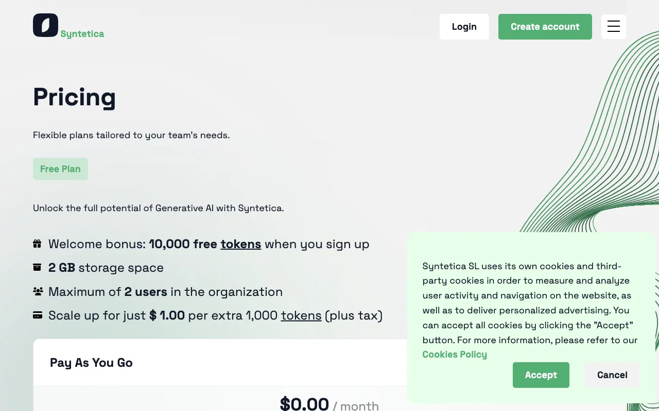 Syntetica.ai — pricing page
