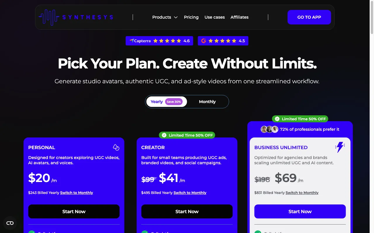 Synthesys Studio — pricing page