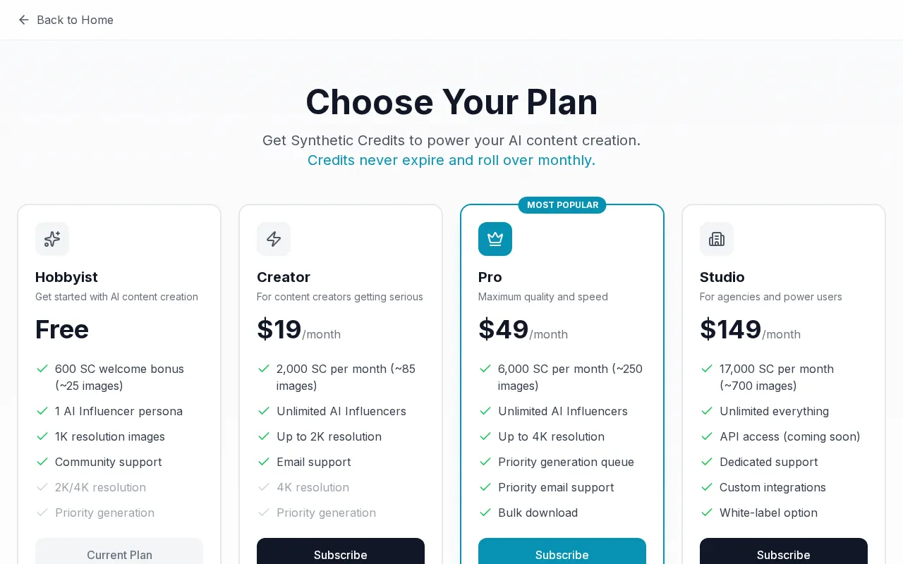 Synthetic — pricing page