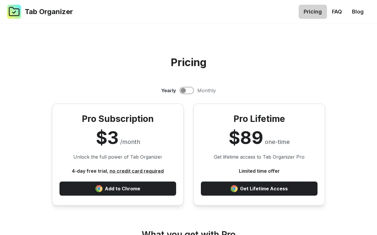 Tab Organizer — pricing page