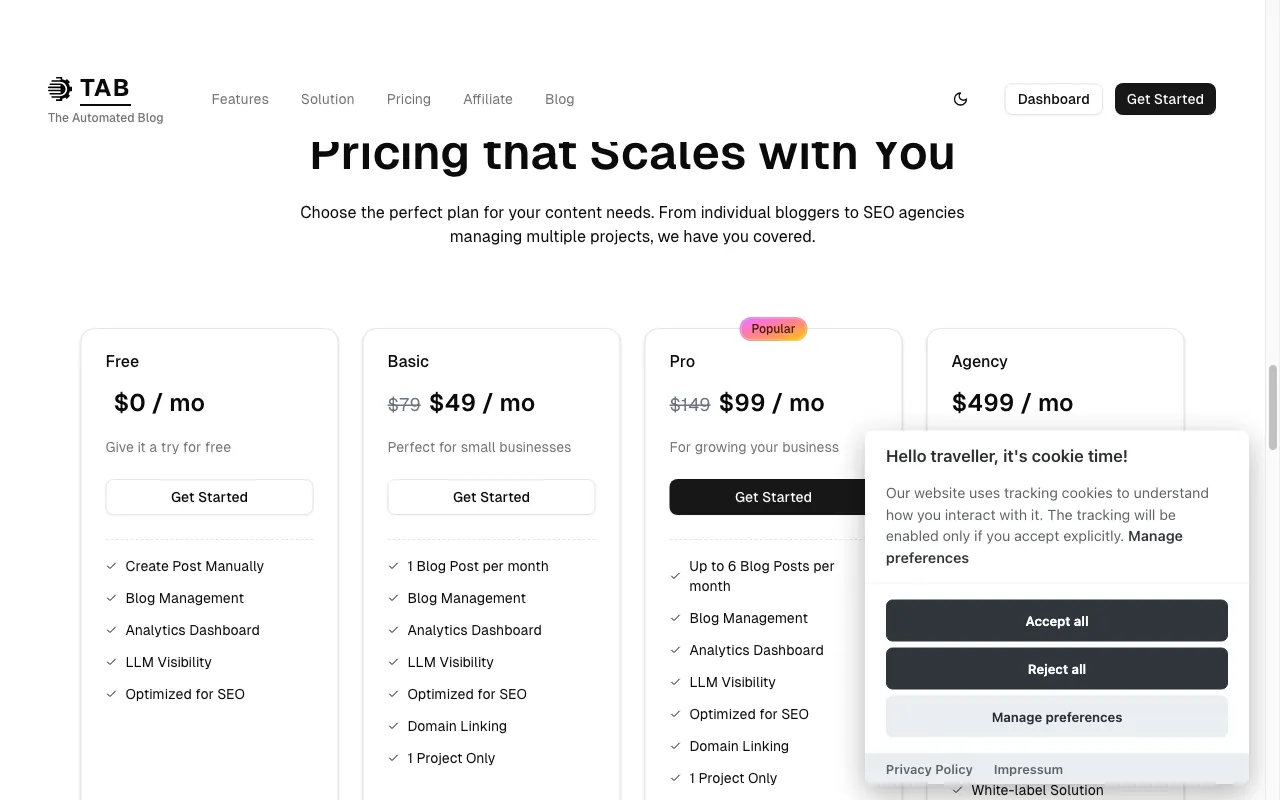 Tab — pricing page