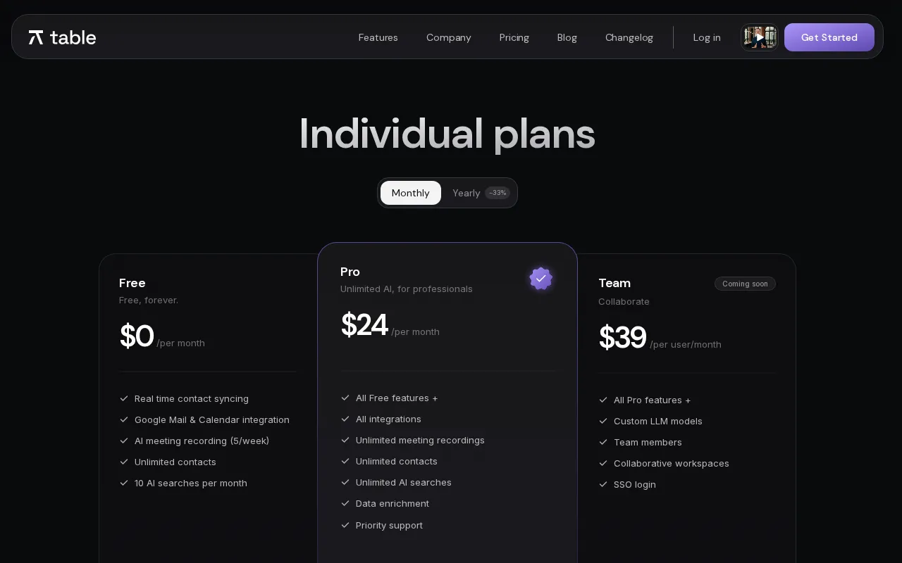 table — pricing page
