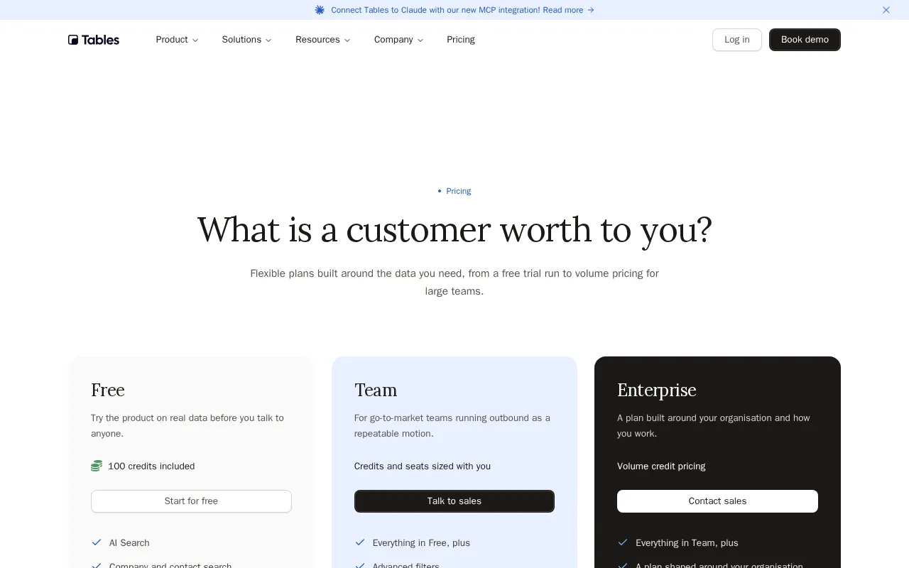 Tables — pricing page