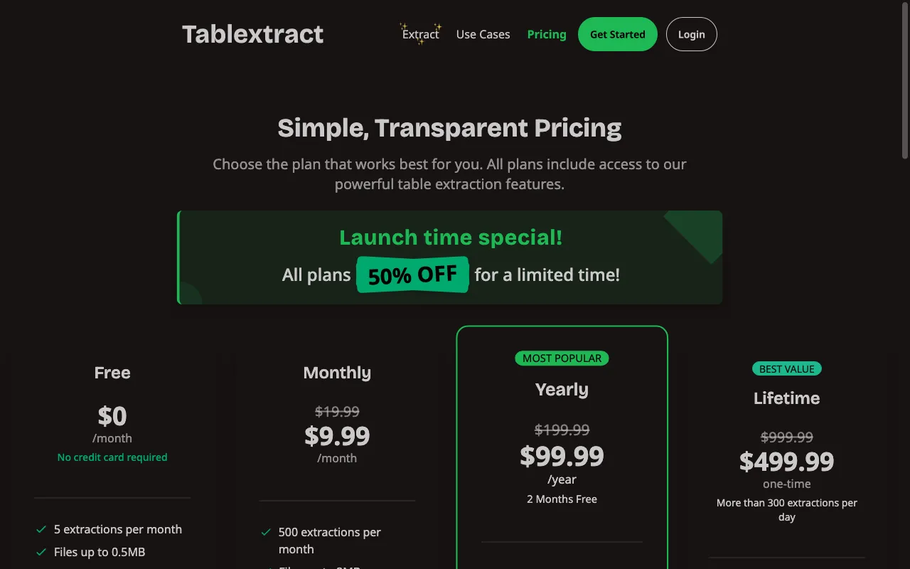 Tablextract — pricing page