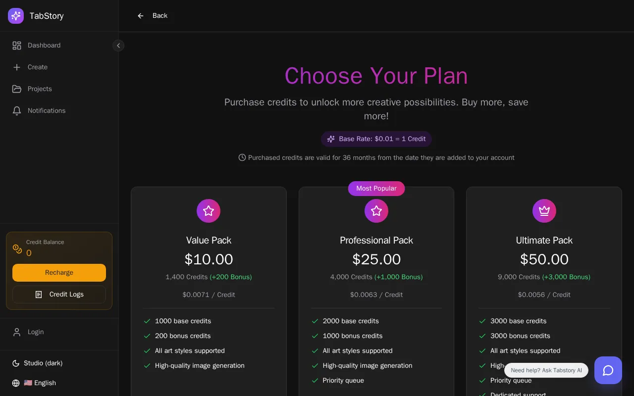 TabStory — pricing page
