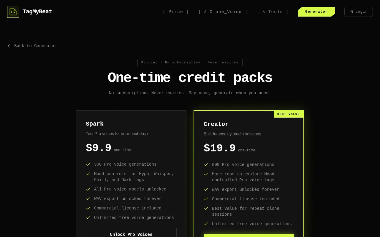 Tagmybeat — pricing page