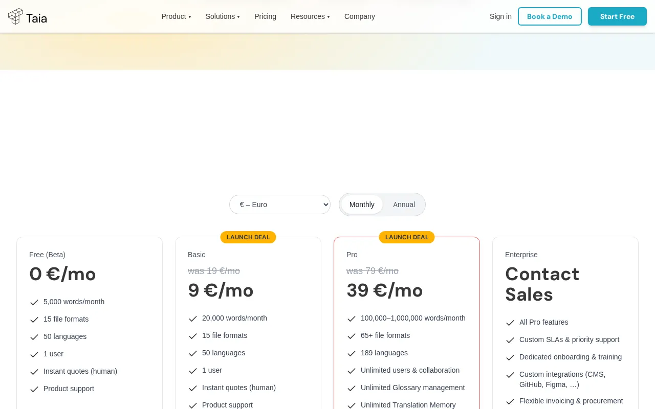 Taia — pricing page