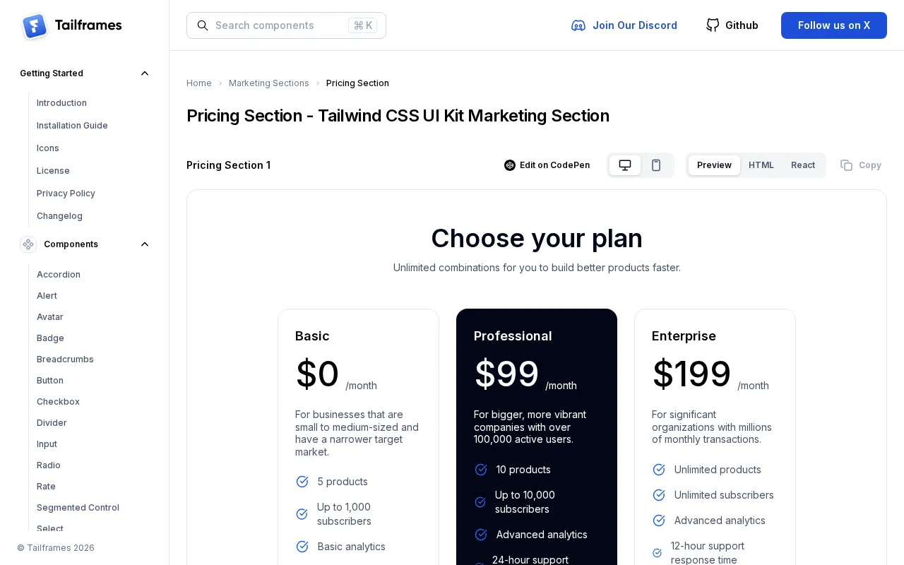 Tailframes — pricing page