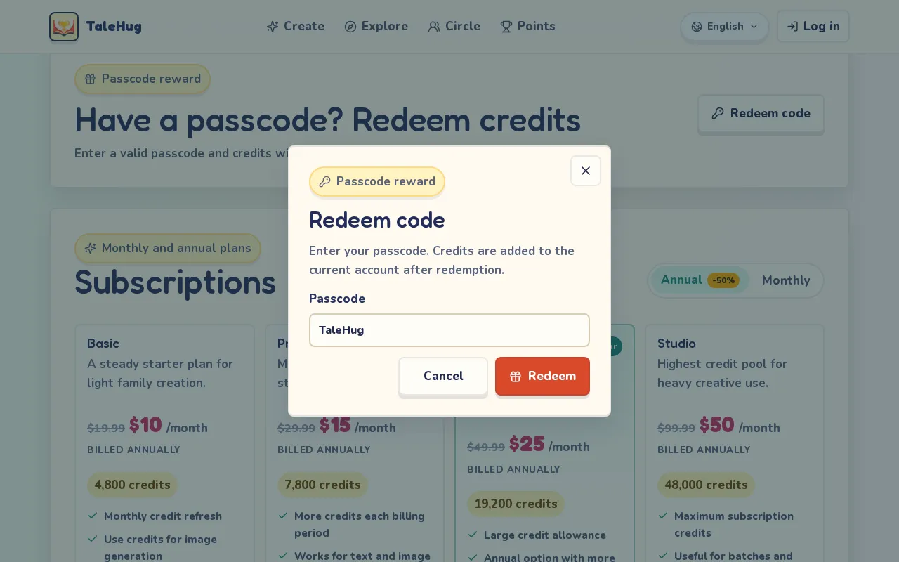 TaleHug — pricing page
