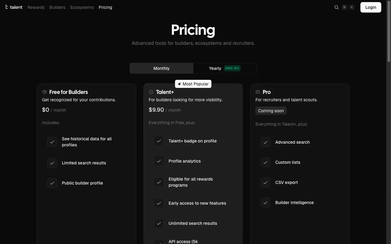 Talent Protocol — pricing page