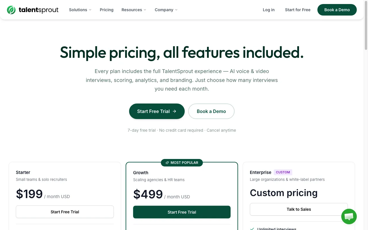 TalentSprout.ai — pricing page