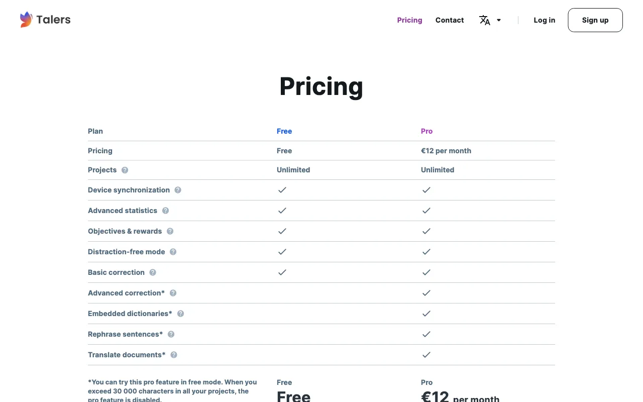 Talers — pricing page