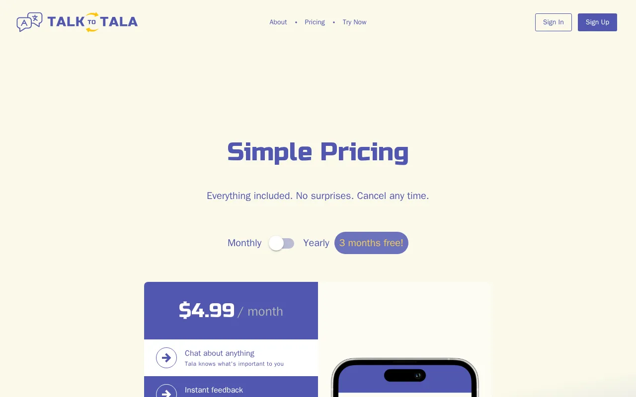 Talk to Tala — pricing page