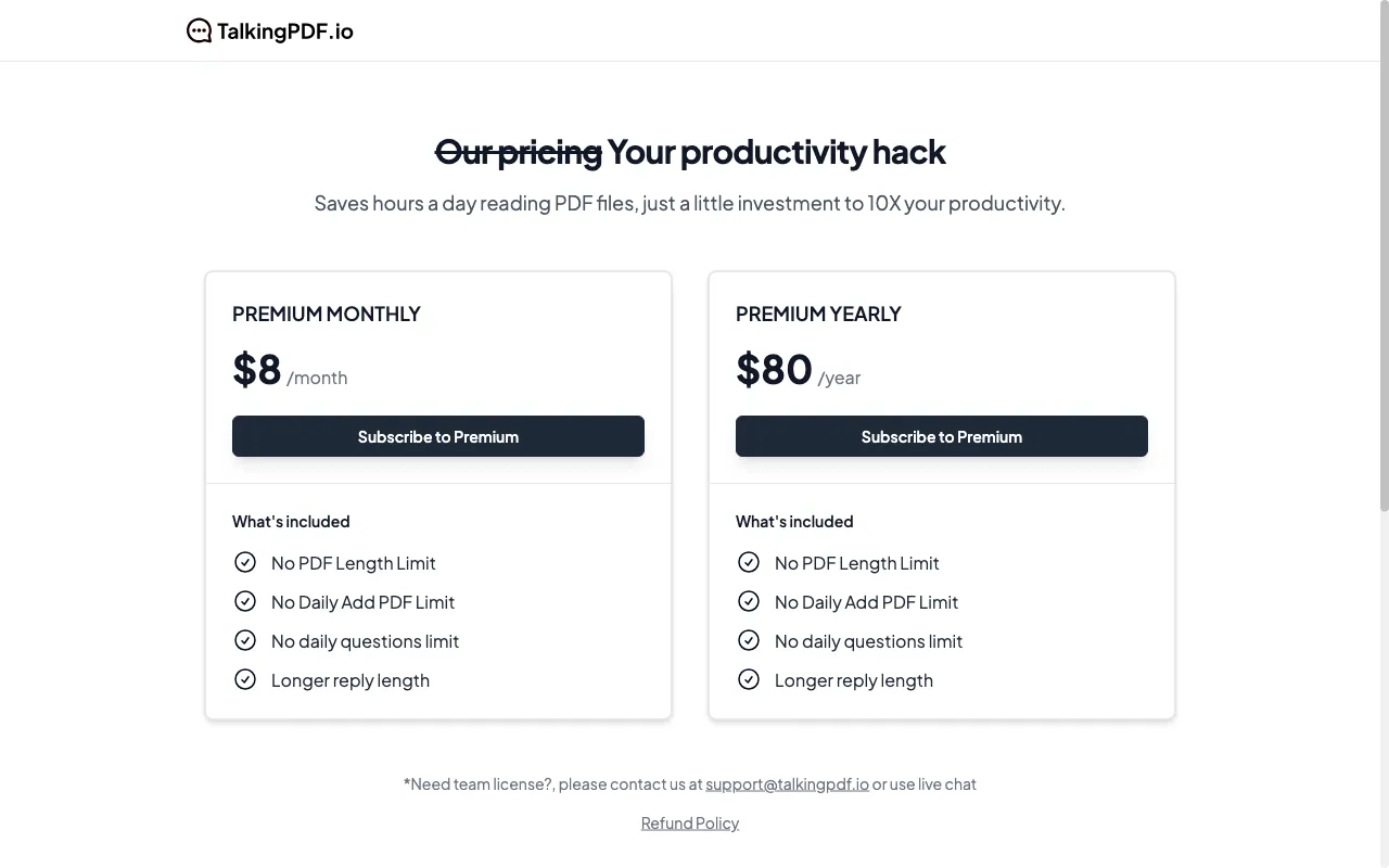 TalkingPdf.io — pricing page