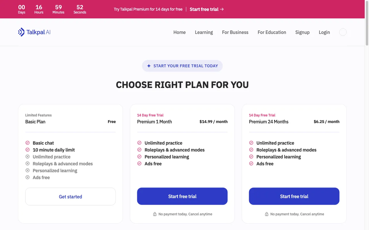 TalkPal — pricing page