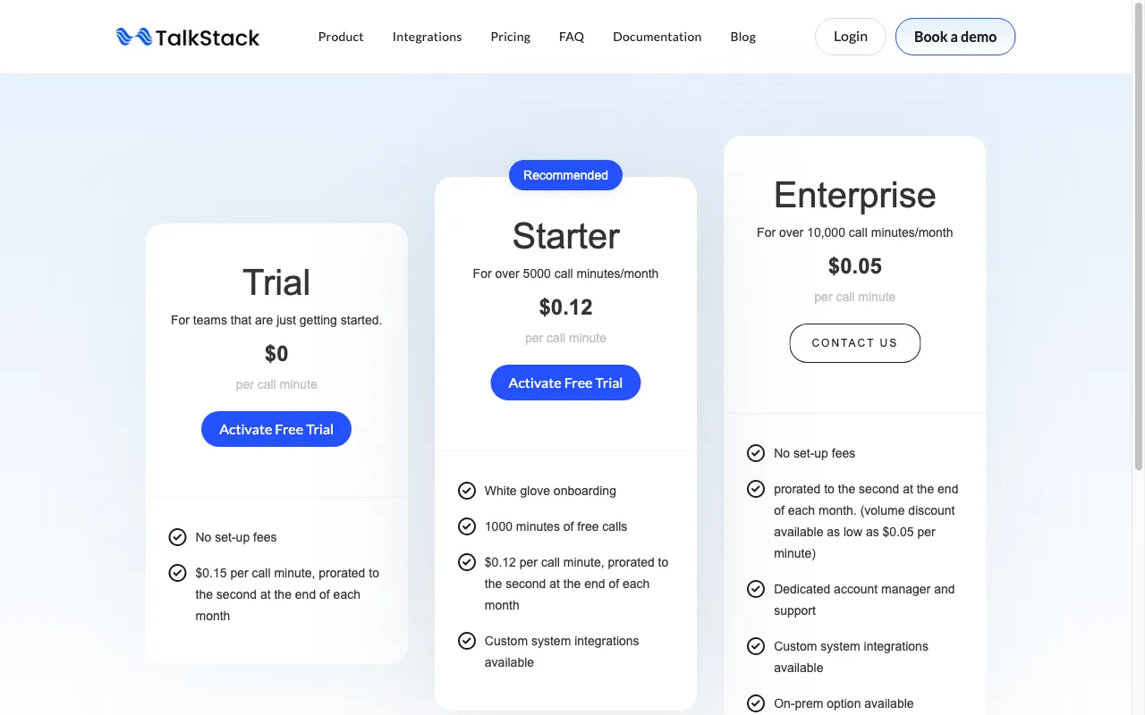 TalkStack AI — pricing page