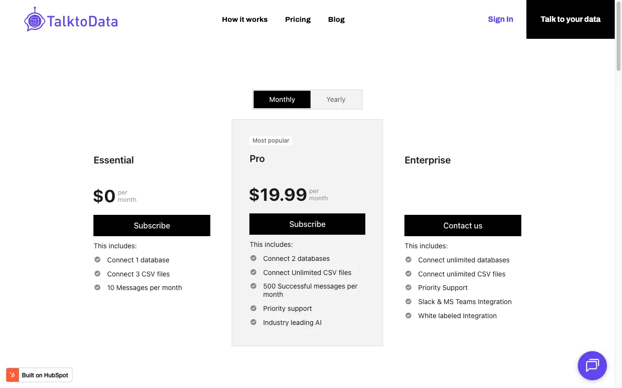 TalktoData — pricing page