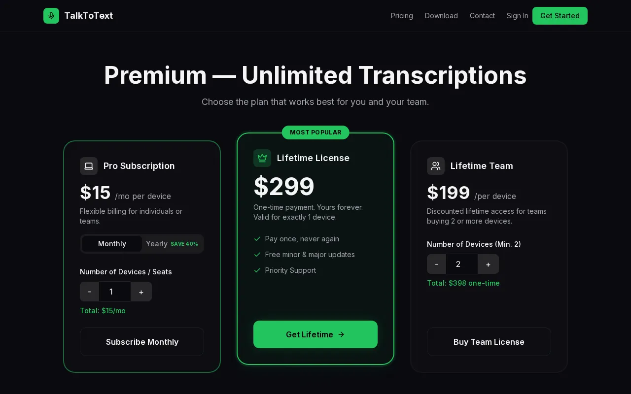 TalkToText — pricing page