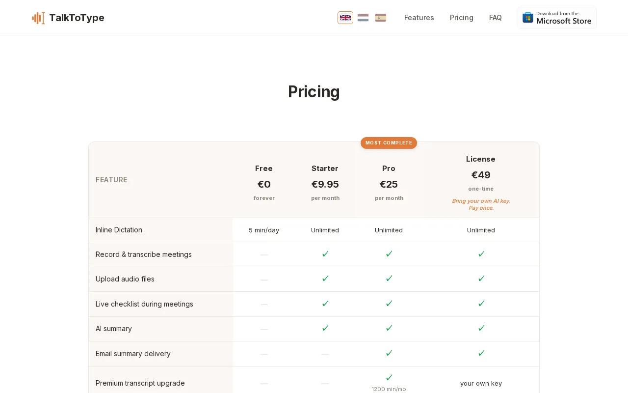 TalkToType — pricing page