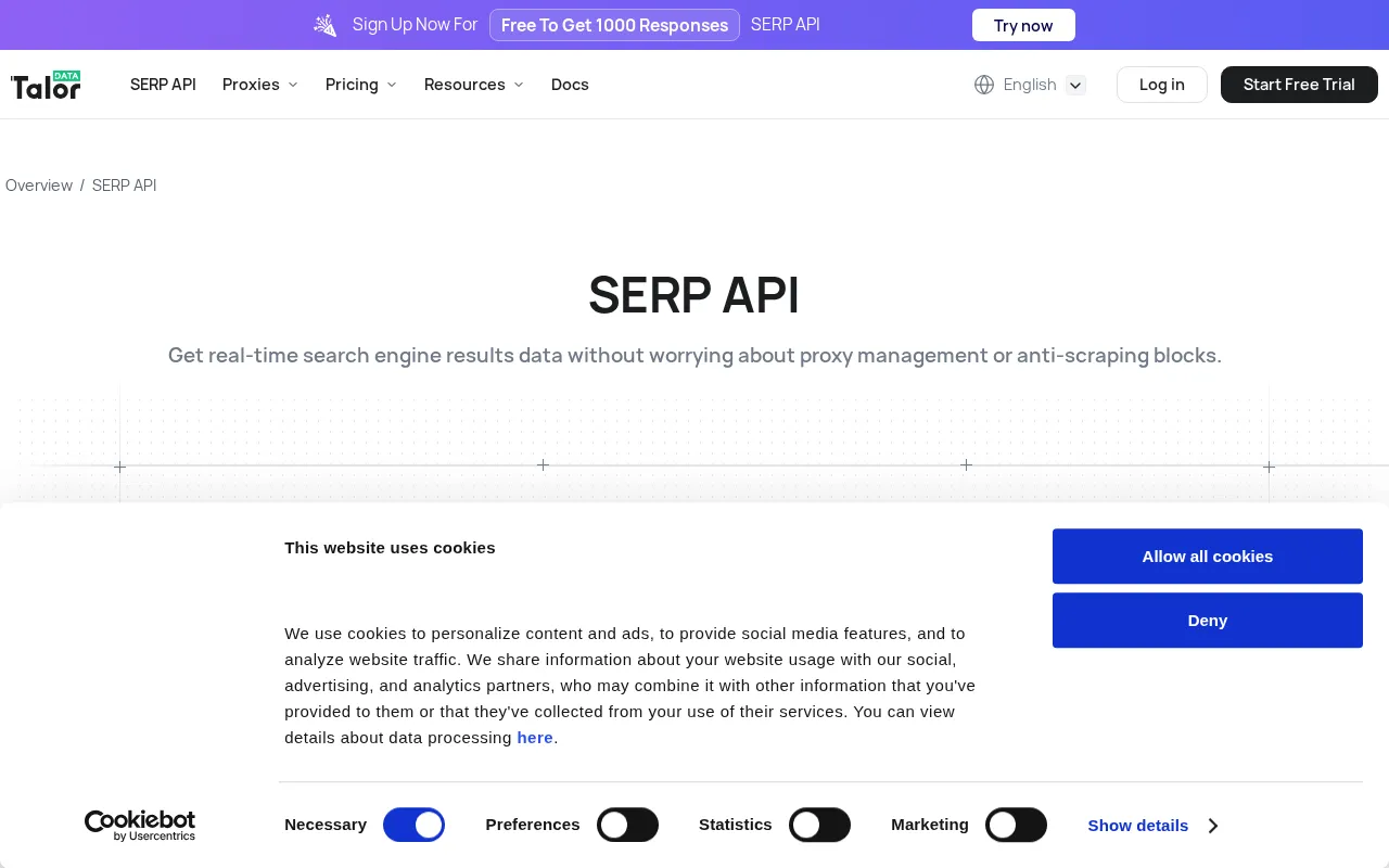 Talordata SERP API — pricing page