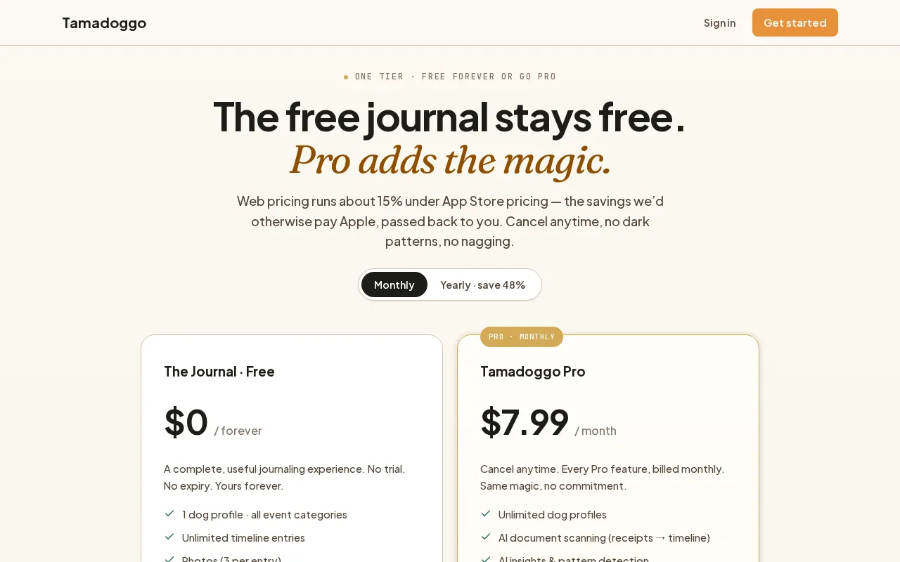 Tamadoggo — pricing page
