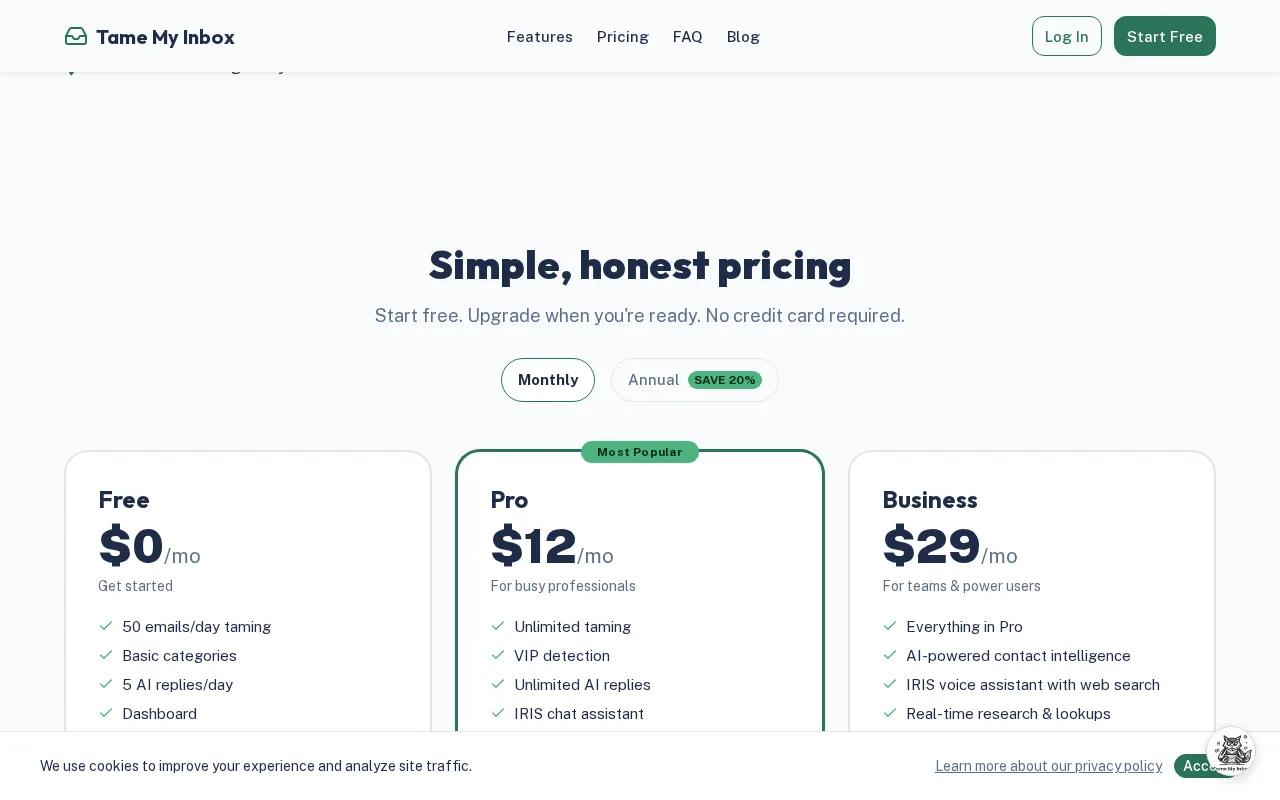 Tame My Inbox — pricing page