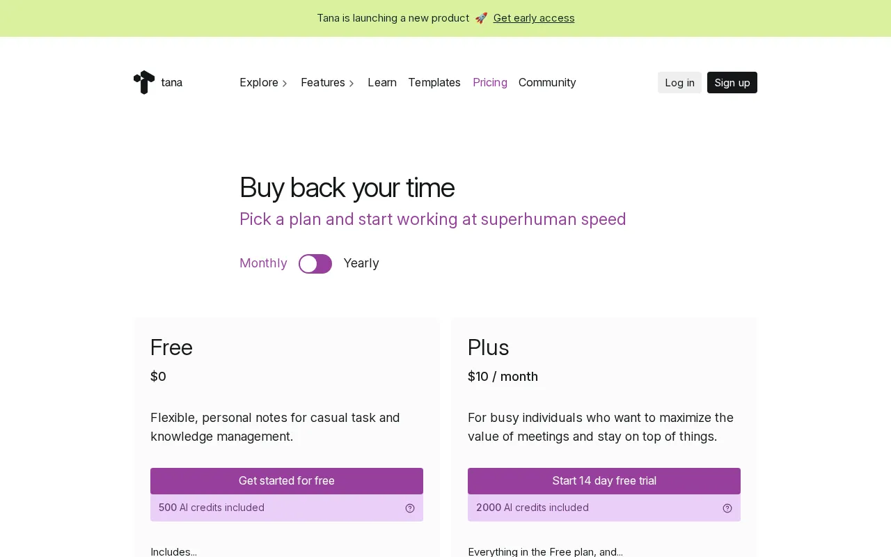 Tana — pricing page