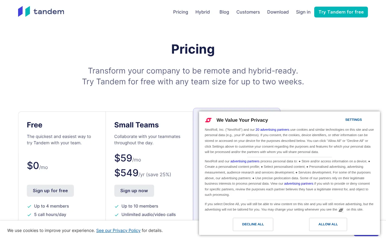 Tandem — pricing page