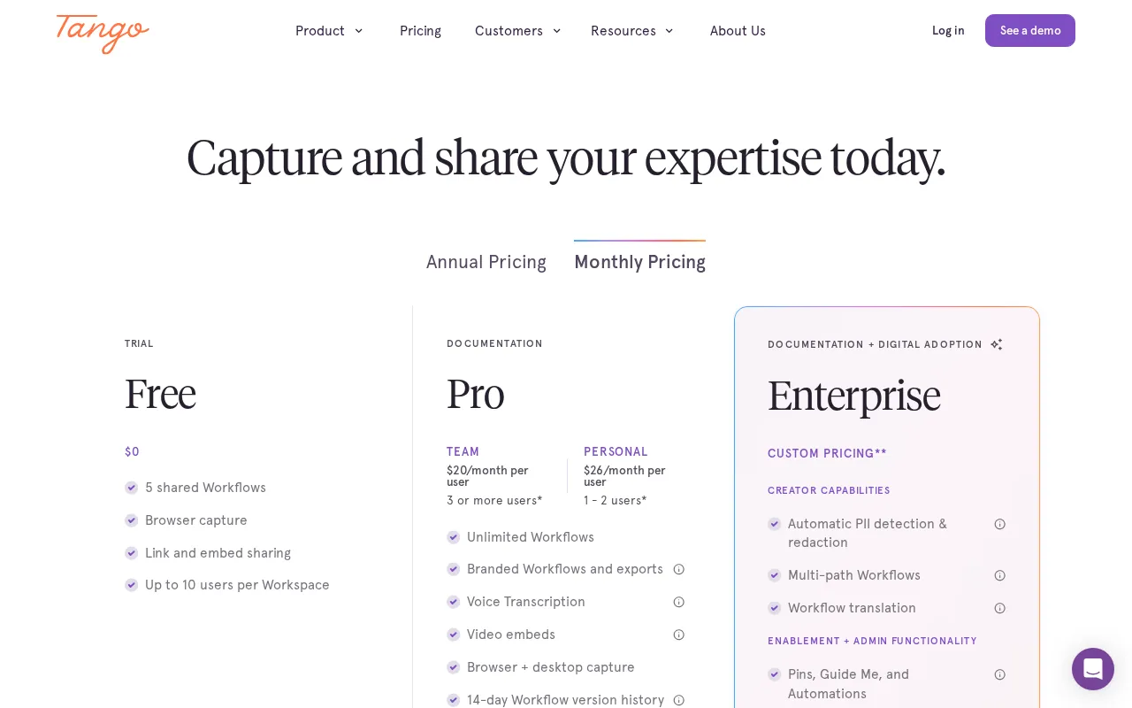 Tango — pricing page