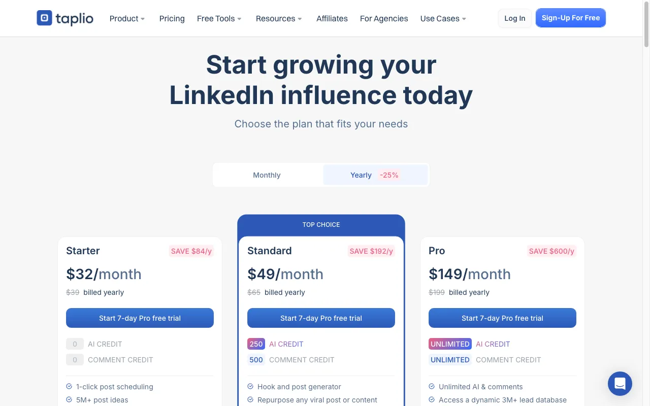 Taplio — pricing page