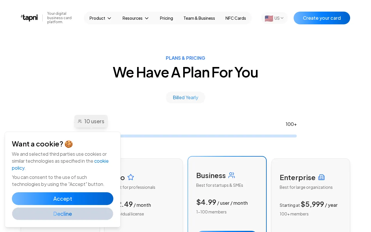 Tapni — pricing page