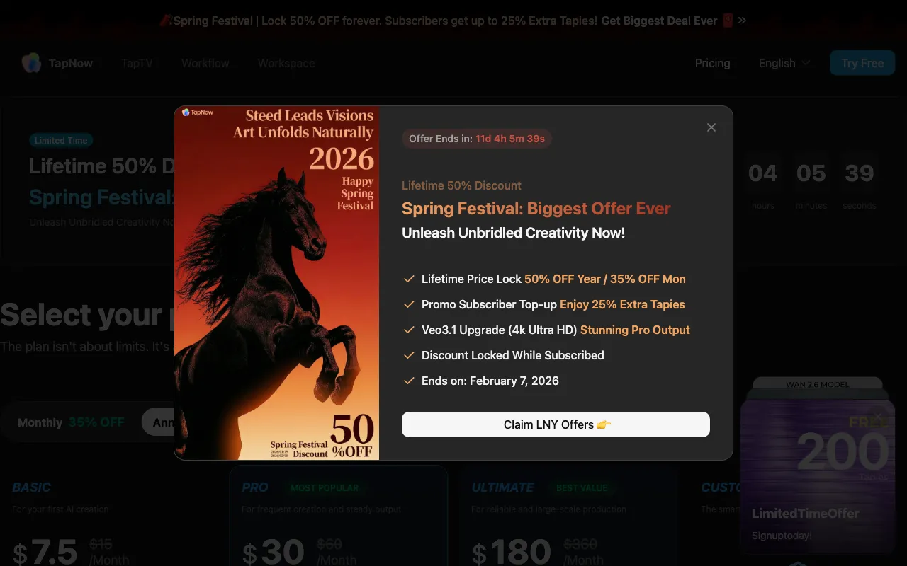 TapNow AI — pricing page