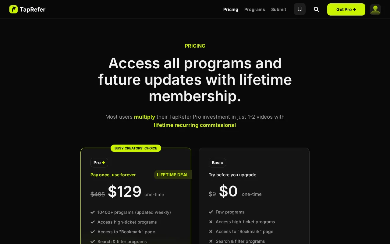 TapRefer — pricing page