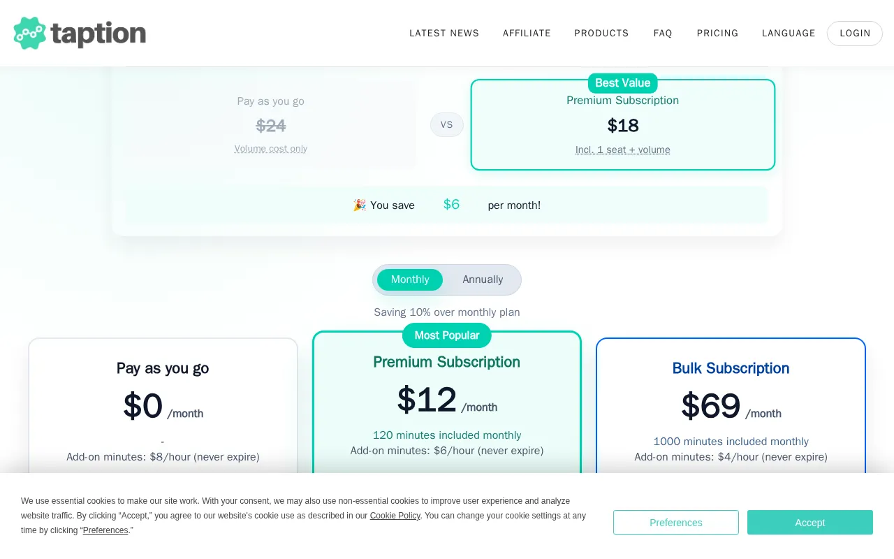 Taption — pricing page