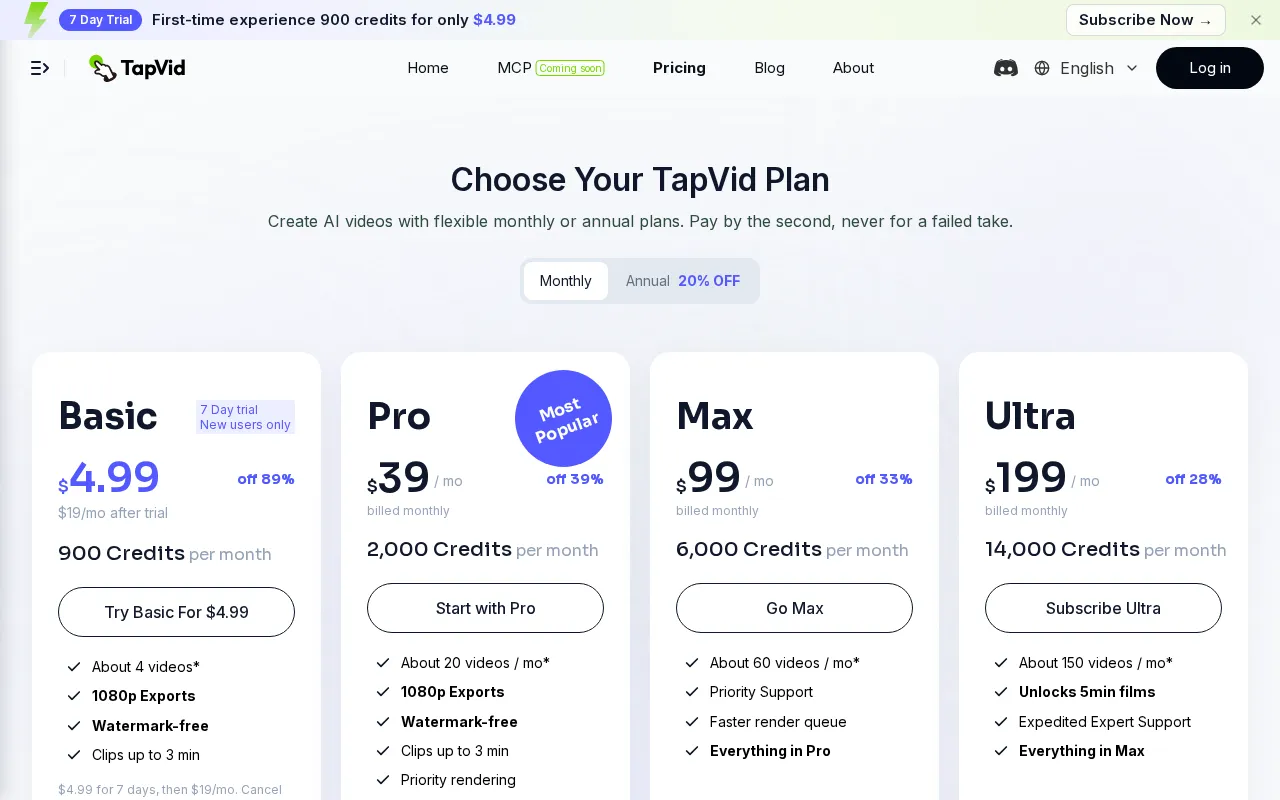 TapVid — pricing page