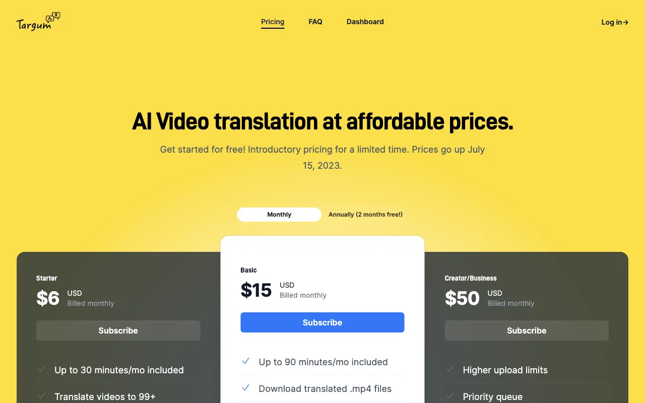 Targum Video — pricing page