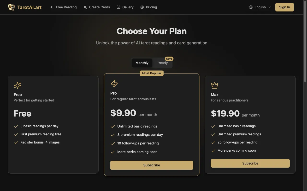 TarotAI — pricing page