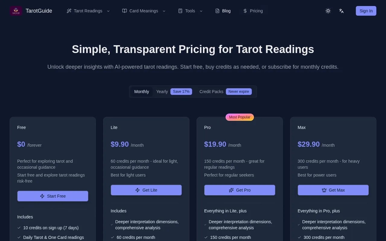 TarotGuide — pricing page