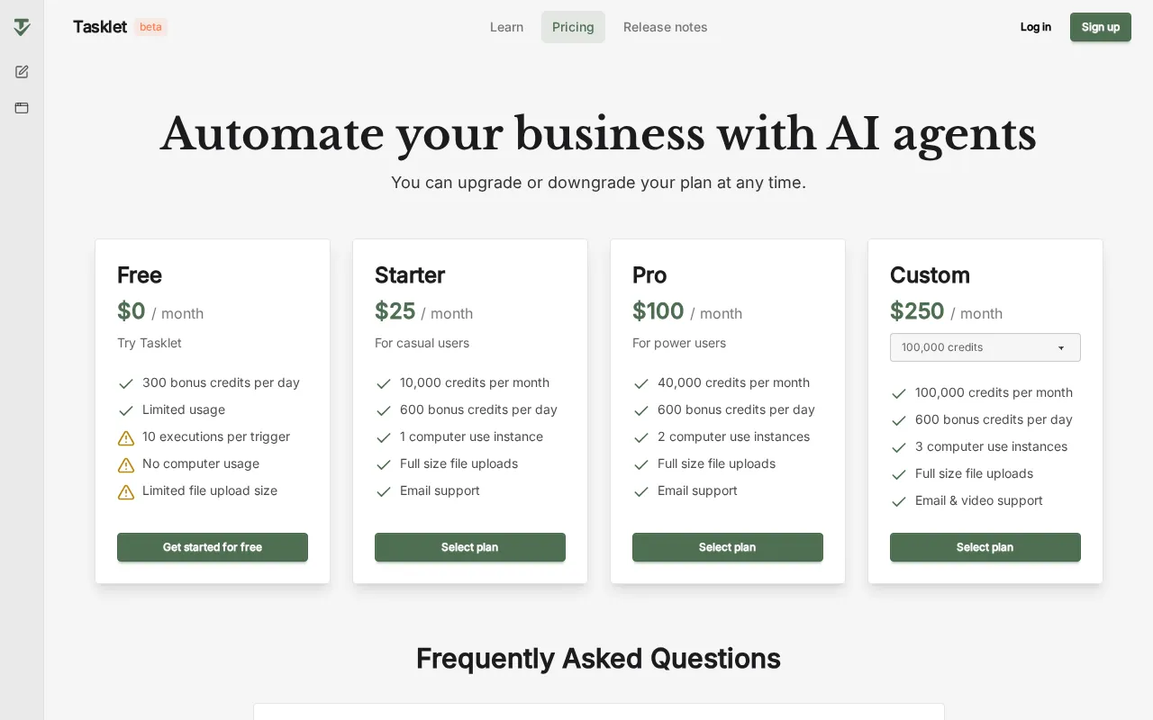 Tasklet — pricing page