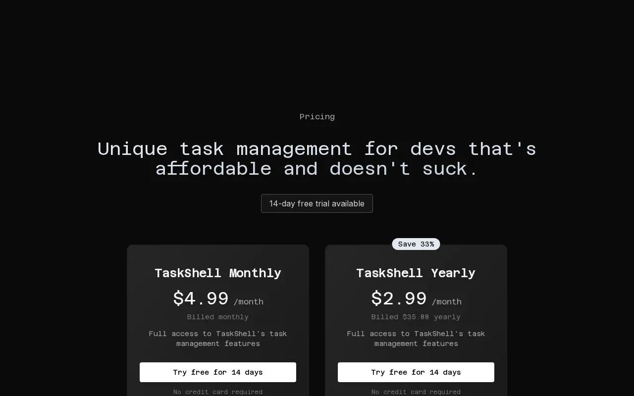 TaskShell — pricing page