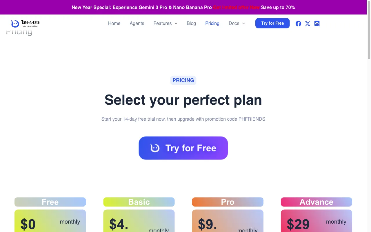 Tate-A-Tate — pricing page