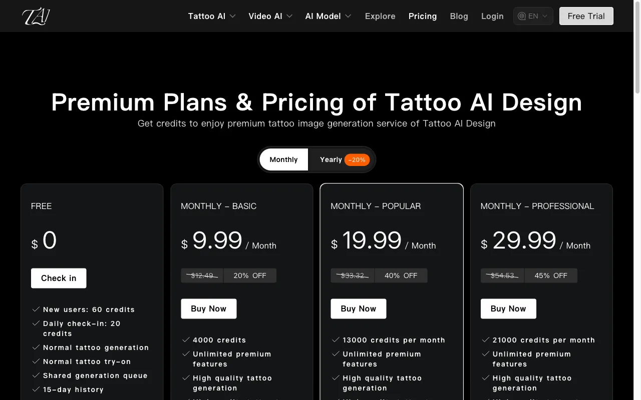 tattooai.design — pricing page