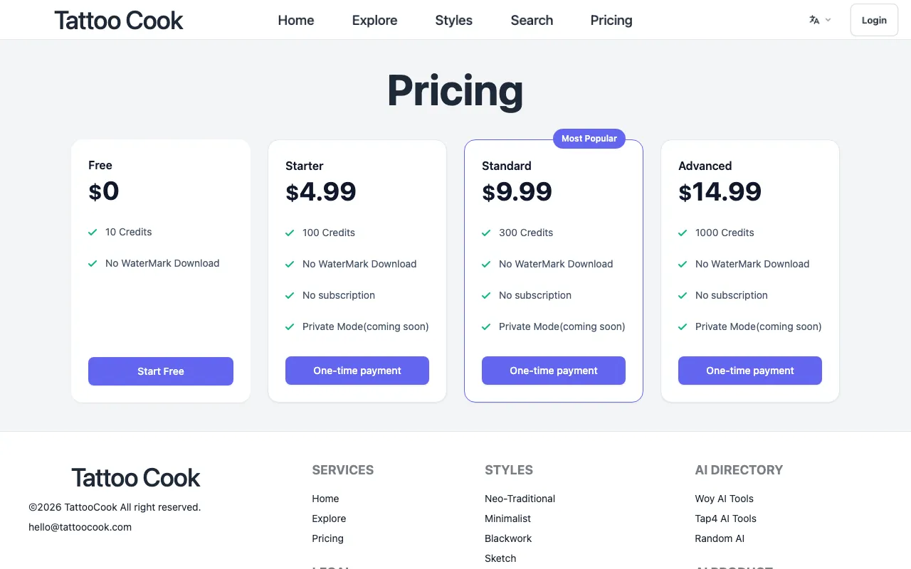 Tattoo Cook — pricing page