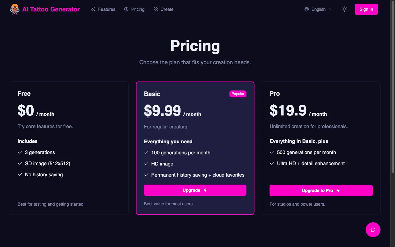 AI Tattoo Generator — pricing page