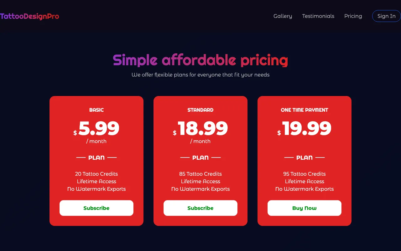 TattooDesignPro — pricing page