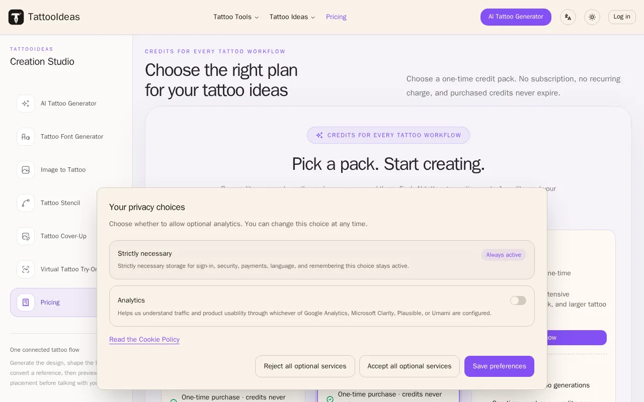TattooIdeas — pricing page