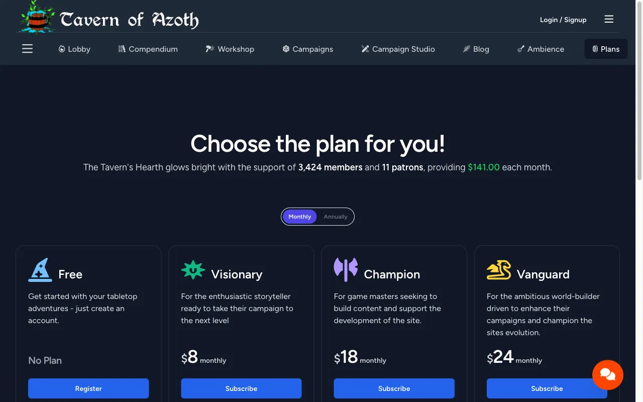 Tavern of Azoth — pricing page